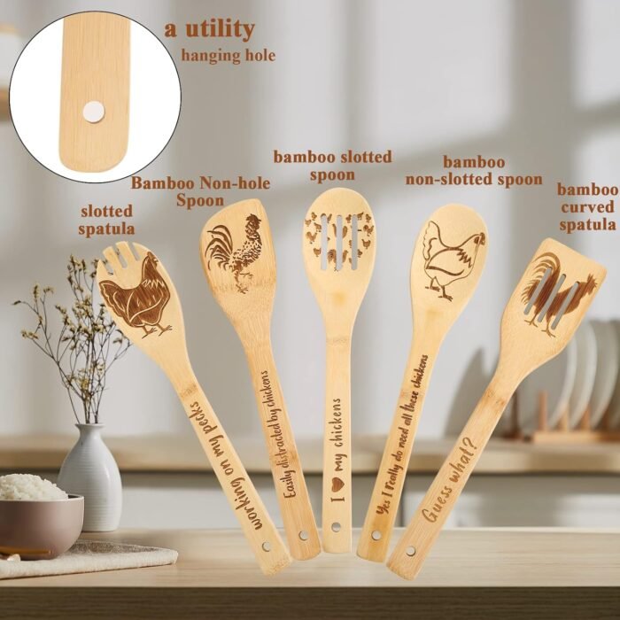 Pioneer Woman Kitchen Stuff - Rooster Wooden Spoons, Funny Wooden Cooking Utensils for Chicken Decor, Chicken Accessories, Rooster Decor, Chicken Gifts for Women, Housewarming Gifts New Home(5PCS) - Image 3
