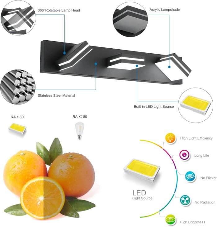 SineRise LED Modern Bathroom Vanity Light Fixtures (3-Light, 24-Inch), Matte Black Modern Acrylic Bathroom Wall Lighting Fixtures Over Mirror (Cool White 6000K) - Image 2