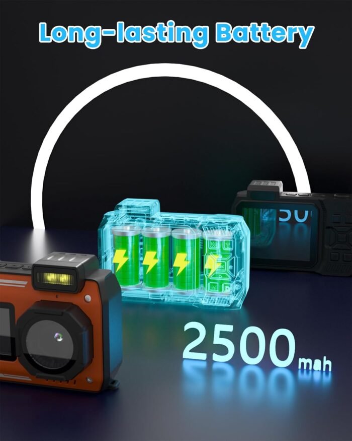 4K 33FT Digital Camera 48MP Underwater Camera Waterproof Camera Rugged Dustproof Shockproof,with 64GB Card Autofocus Selfie Dual-Screen Camera Snorkeling Zoom Point and Shoot Camera Type-C-Orange - Image 7
