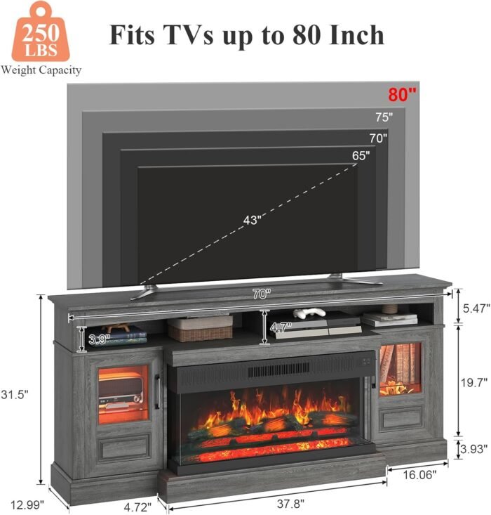 Farmhouse Fireplace TV Stand for TVs Up to 80 inch, 70" Entertainment Center with 36 inch 3-Sided Electric Fireplace for Living Room, 20 Flame Colors, Open Storage and 2 Cabinets (Dark Gray) - Image 6