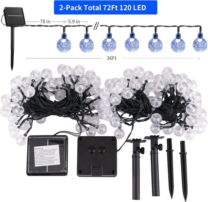 Brightown 2-Pack 120 LED 72 FT Solar String Lights Outdoor, Crystal Globe Lights with 8 Lighting Modes, Waterproof Solar Powered Patio Lights for Garden Yard Porch Wedding Party Decor (Pure White) - Image 6