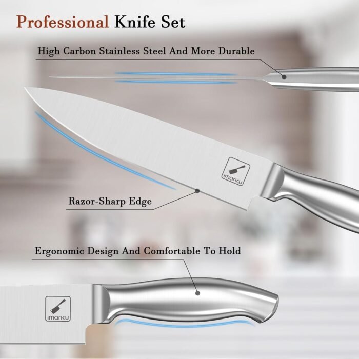 Imarku Knife Set, 15 Pieces Kitchen Knife Set with Block, High Carbon-Stainless Steel Kitchen Knives with Built-in Sharpener, Professional Knife Block Set for Christmas Gifts, Brown - Image 2