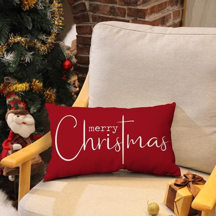 Christmas Pillow Covers Merry Christmas Throw Pillow Decorative Christmas Red Cotton Cloth Linen Cloth Pillow Cover Sofa Cover Decorative Rectangle Length 12X20 inches - Image 3