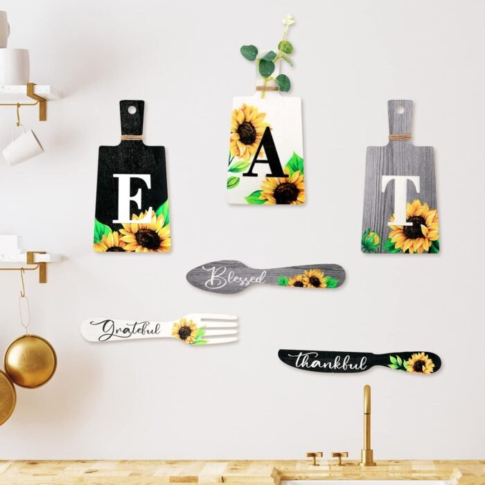 Bucherry Set of 6 Sunflower Kitchen Decor Sets Eat Signs Fork and Spoon Wooden Kitchen Wall Decor Hanging Plaques Farmhouse Sunflower Kitchen Decor and Accessories(Black, White, Gray) - Image 6