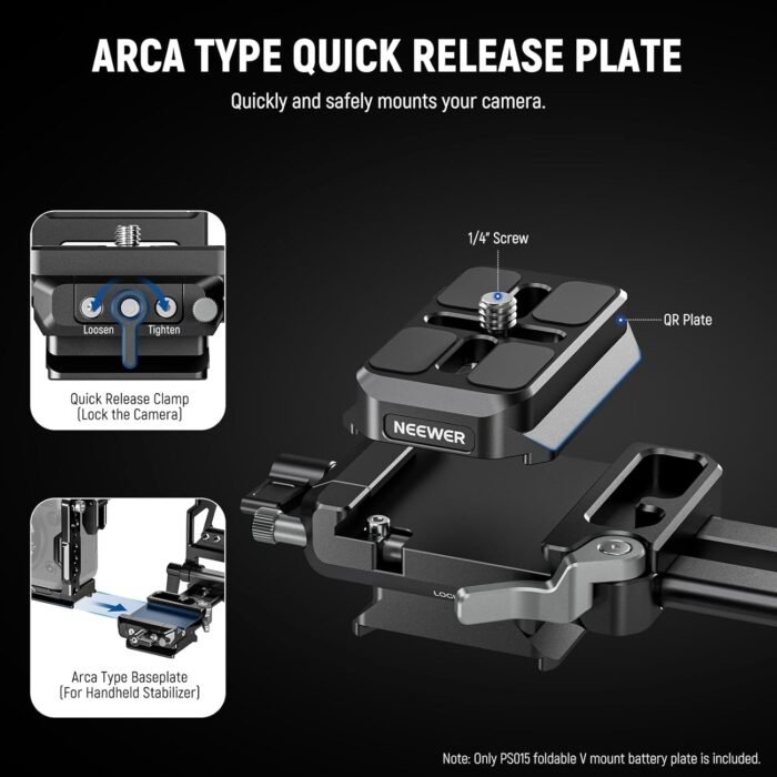 NEEWER Camera Monitor Mount with Cold Shoe, Anti Twist 1/4" Screw for 5" & 7" Field Monitor Compatible with Atomos Ninja V, Foldable V Mount Battery Plate with Arca Type Camera Baseplate Included - Image 8