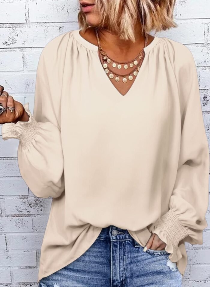 Dokotoo Womens Blouses Fashion Smocked Long Sleeve V Neck Casual Chiffon Shirts Tops Fall Outfits Clothes 2024 - Image 2