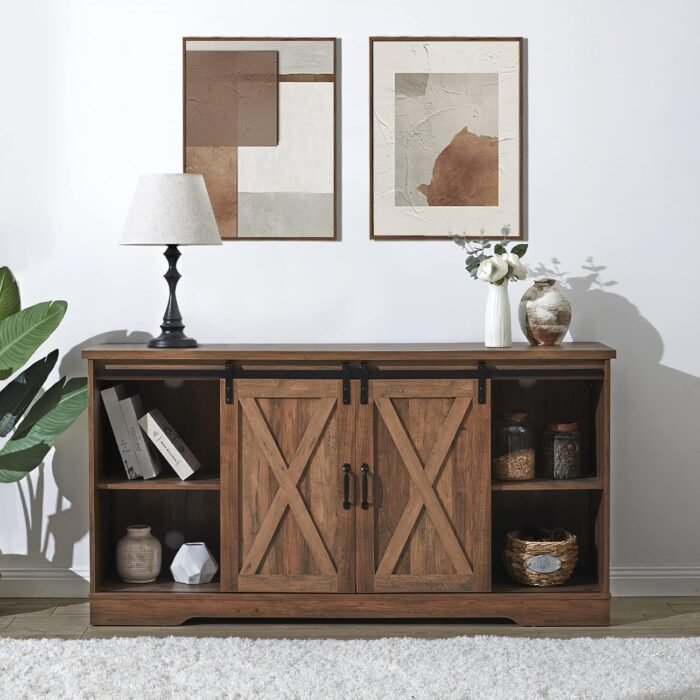AMERLIFE Fireplace TV Stand with Sliding Barn Door for TVs up to 65", Farmhouse 59" Fireplace Entertainment Center with Storage Cabinets/Adjustable Shelves, Barnwood - Image 7
