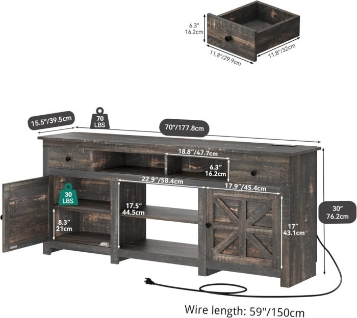 YITAHOME Farmhouse TV Stand 70 Inches, Entertainment Center with Power Outlet, Rustic TV Stands for Living Room, TV Console with Storage Drawers, Dark Rustic Oak - Image 2