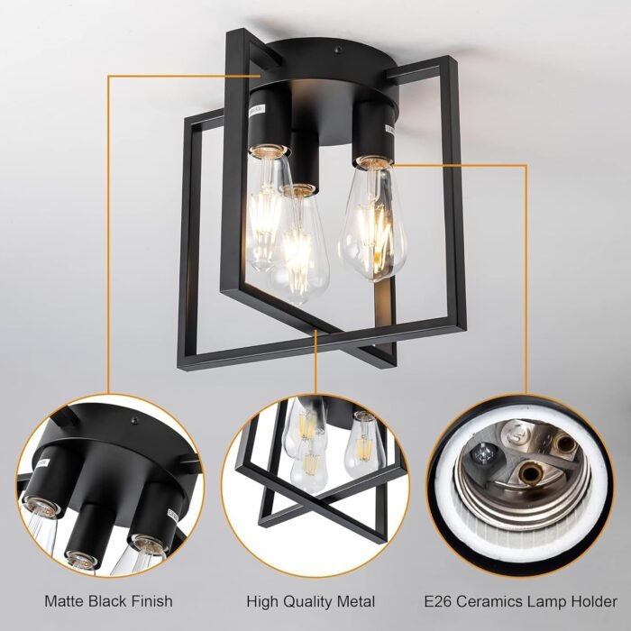 3-Light Ceiling Light Fixture, Semi-Flush Mount Light with Contemporary Geometric Metal Cage, Farmhouse Industrial Lighting for Kitchen Living Room Bedroom Hallway Foyer, E26 Black - Image 3
