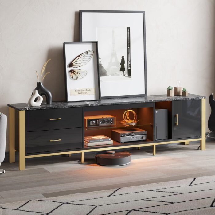 Bestier TV Stand for 75/80/85/90 Inch TV, LED Gaming Entertainment Center, Modern TV Cabinet with Glass Shelves for Living Room, 2 Storage Drawers & Cabinets for Bedroom, Black Glossy - Image 8