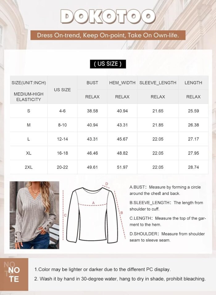 Dokotoo Womens Soft Long Sleeve V Neck Shirts Solid Casual Decorative Buttons Knitted Pullover Tunic Tops - Image 6