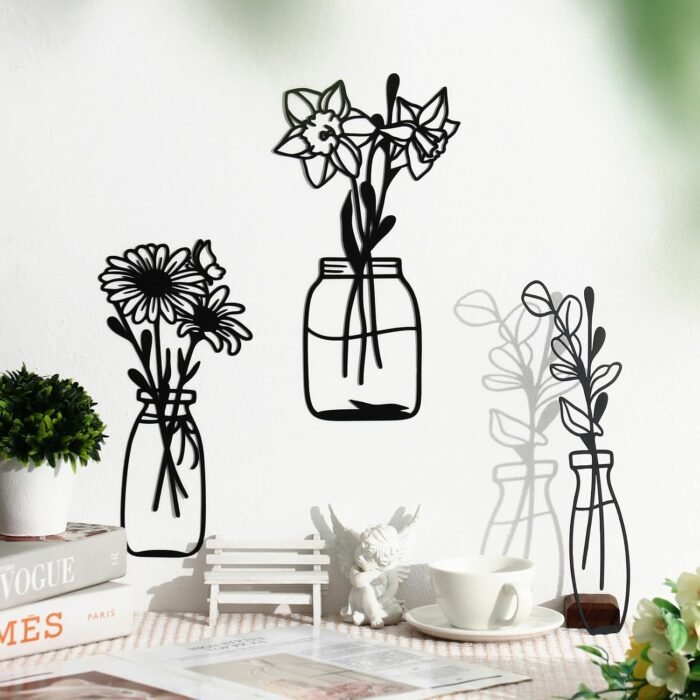 Zzbakress 3 Piece Metal Flowers and Vases Wall Decoration Minimalist Art Wall Sculpture Daffodils Chrysanthemum Eucalyptus Leaf Iron Decorative Floral for Living Room or Kitchen (Style 1, Black) - Image 3