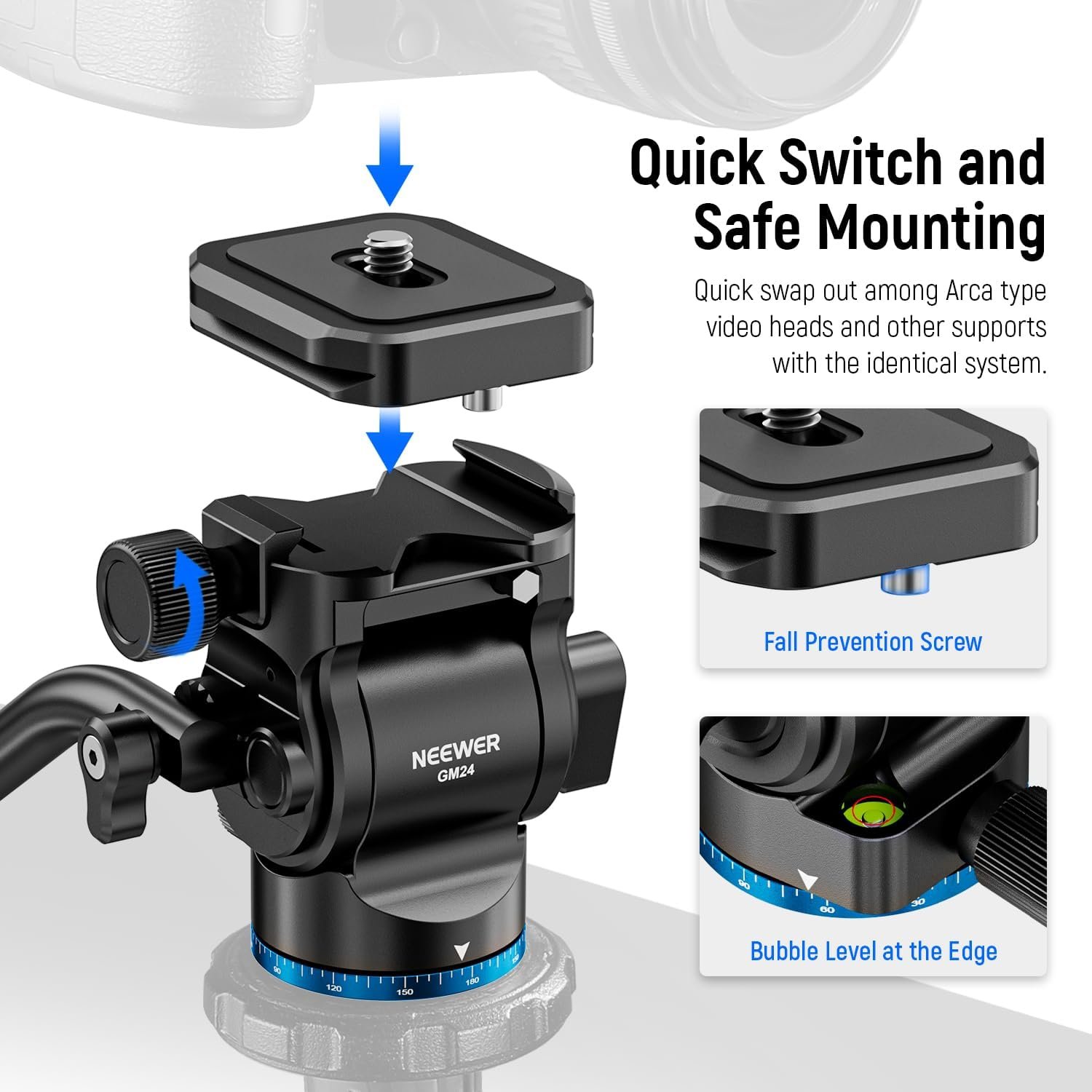 NEEWER Tripod Fluid Head Pan Tilt Head with Arca Type Quick Release Plate and Handle, Metal Panorama Head with Scaled Base (⌀37mm) for Compact Video Camera DSLR Camera, Load up to 6.6lb, GM24 (Blue) - Image 7