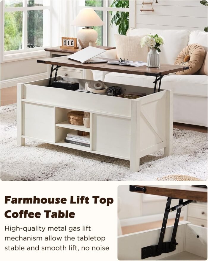 OKD 48" Farmhouse Lift Top Coffee Table with Sliding Barn Door,Rustic Center Table with Hidden Storage Compartment,Lifting Tabletop and Adjustable Shelf for Living Room,Office,Antique White - Image 2