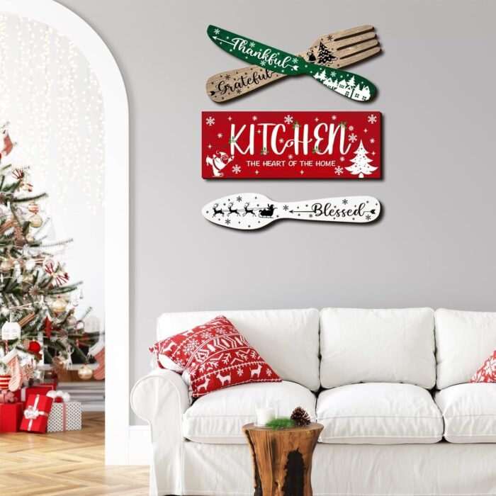 YLOLUL 4 Pieces Christmas Kitchen Decor Eat Sign Set Fork and Spoon Wooden Hanging Wall Decor Art Rustic Country Farmhouse Kitchen Xmas Santa Snowman Wall Art Sign for Dining Room Home Decor - Image 4