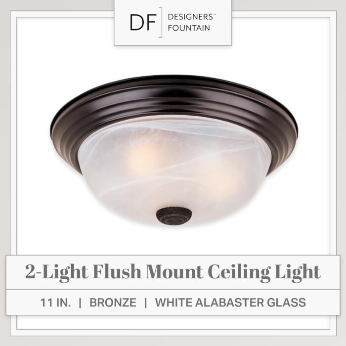 DESIGNERS FOUNTAIN 2-Light Flush Mount Ceiling Light, 11 Inch Lighting Fixture for Kitchen, Bedroom, Bathroom, and Hallway, White Alabaster Glass, Oil Rubbed Bronze, 1257S-ORB-AL - Image 2
