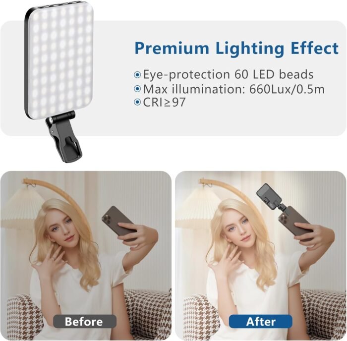 60 LED Portable Selfie Light Video Conference Lighting with Clip & Camera Tripod Adapter Rechargeable 2200mAh CRI 97+, 3 Light Modes for Phone iPhone Webcam Laptop Photo Makeup - Image 4