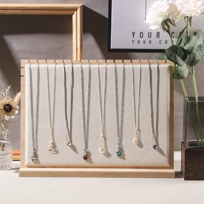 Bamboo Big Necklace Display Stand, Pendant Necklace Wood Jewellery Holder, Chain Jewelry Rack Organizer, Tabletop Display Boards for Home or Shop Sell Show (Beige Velvet) - Image 2