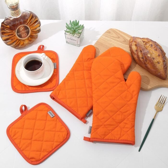 Oven Mitts and Pot Holders 4 pcs Set,High Heat Resistant 500 Degree Extra Thicken Long Kitchen Cotton Oven Glove for Cooking (12 Inch,Orange)… - Image 2