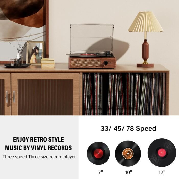 Vinyl Record Player Turntable with Built-in Bluetooth Receiver & 2 Stereo Speakers, 3 Speed 3 Size Portable Retro Record Player for Entertainment and Home Decoration(Orange) - Image 3