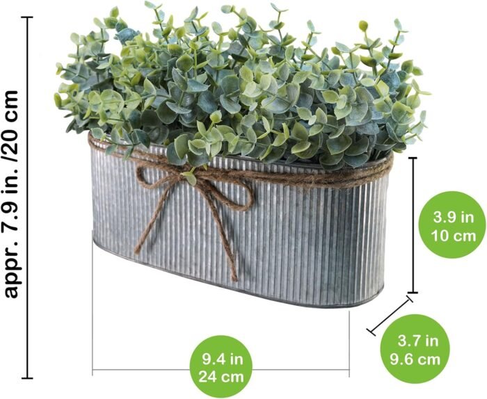 Winlyn Artificial Eucalyptus Arrangement in Rustic Oval Galvanized Metal Planter Box Faux Eucalyptus Bush Greenery Potted Plants for Farmhouse Indoor Home Office Table Centerpiece Kitchen Décor - Image 3
