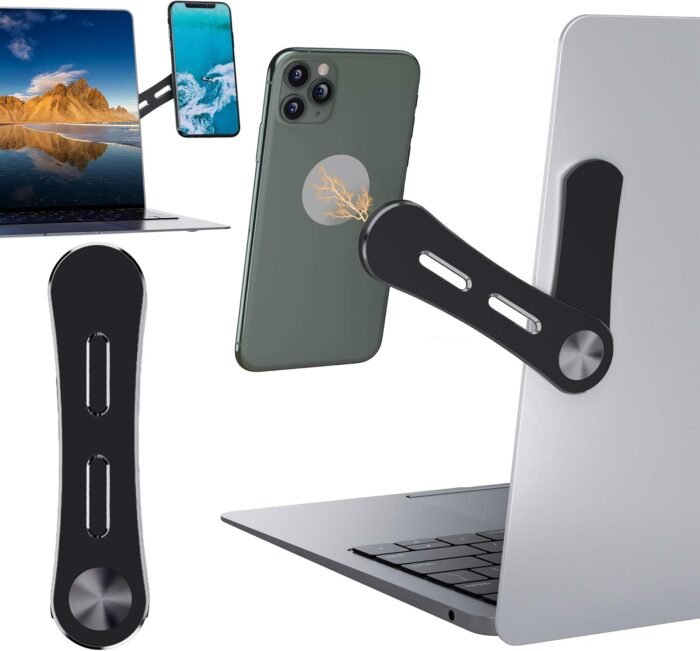 DK177 Magnetic Phone Holder, Laptop or Desktop Monitor Side Mount Phone Holder, Slim Portable Foldable Computer Expansion Bracket Compatible with All Phone, Black-1