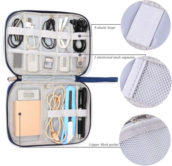 Electronic Organizer Travel Universal Cable Organizer Electronics Accessories Storage Bag Gadget Gear Cases for iPad Mini, Kindle, Smartphone, Cable, Charger, Power Bank, USB, SD Card (Blue)… - Image 3