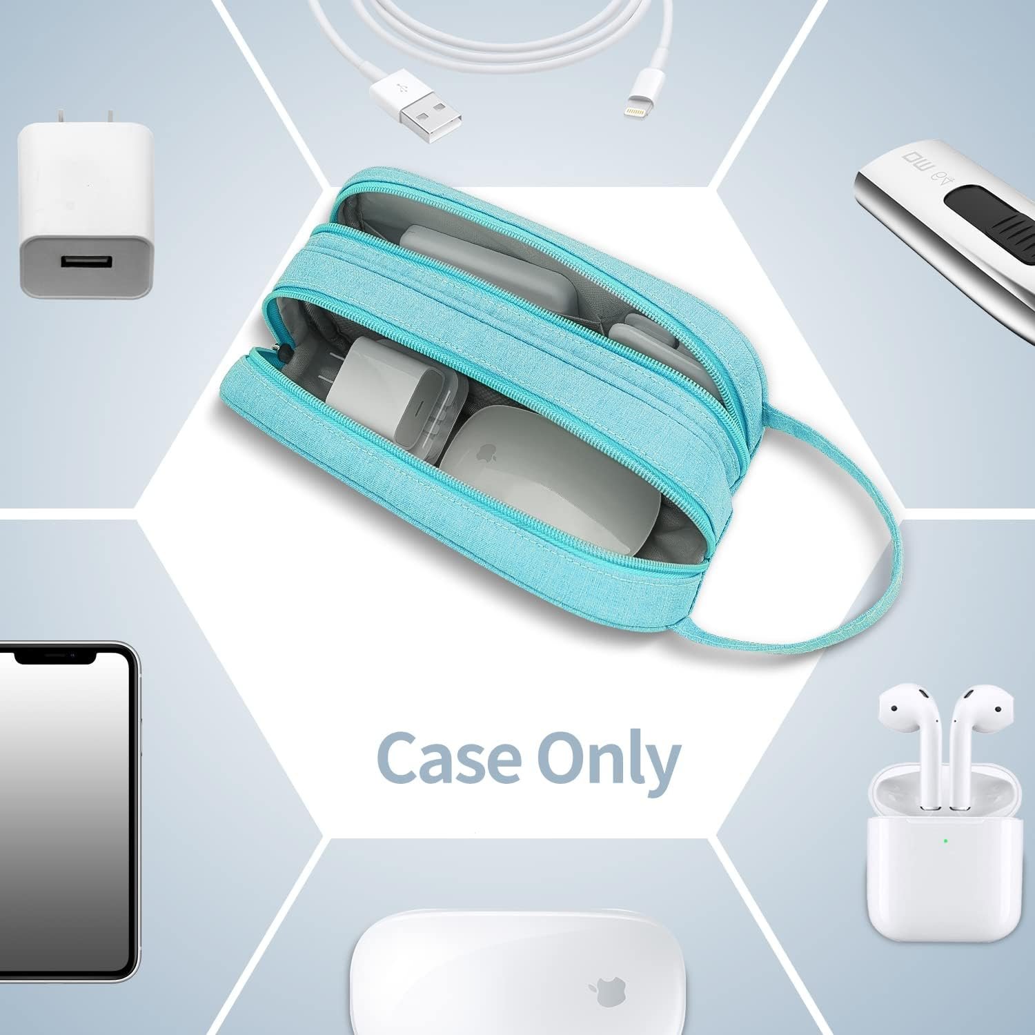 HESTECH Electronics Organizer Travel Charger Case Cord Cable Organizer Bag Portable Waterproof Double Layers All-in-one Storage for Charger Mouse Earbud USB Drive (Teal, Medium) - Image 7