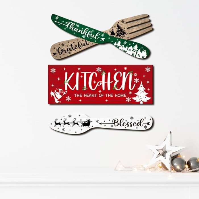 YLOLUL 4 Pieces Christmas Kitchen Decor Eat Sign Set Fork and Spoon Wooden Hanging Wall Decor Art Rustic Country Farmhouse Kitchen Xmas Santa Snowman Wall Art Sign for Dining Room Home Decor - Image 7