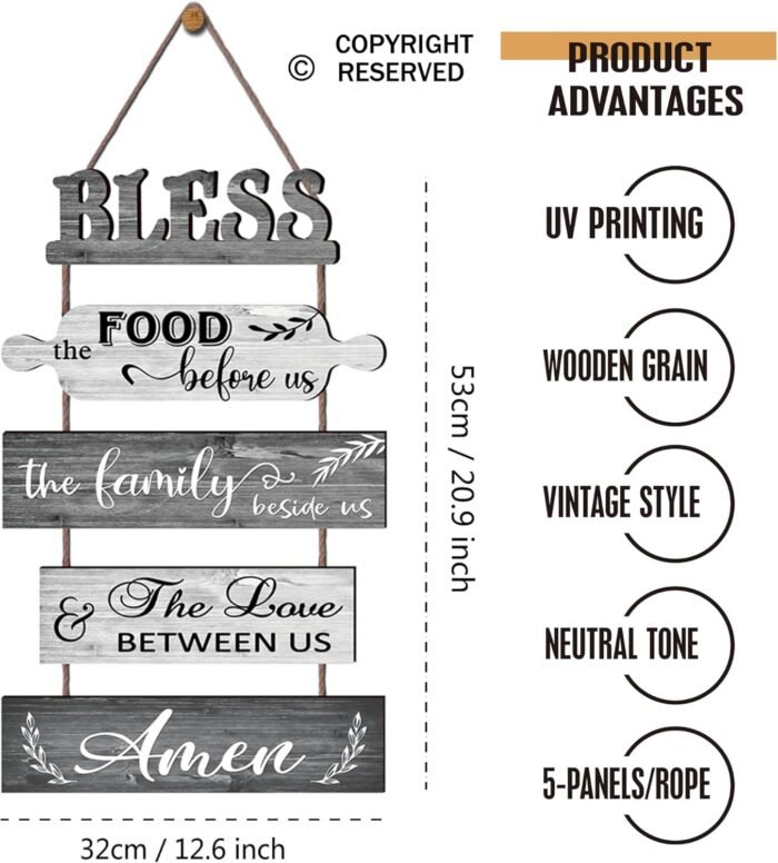Buecasa Bless the Food Before Us Farmhouse Kitchen Wall Decor - Dining Room Decorations Collage Wall Art in White Grey Color - Wooden Rustic 5pcs Roped Sign 13x24 Inches Vertical - Image 6
