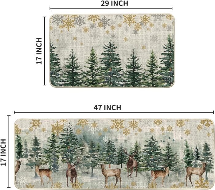 Artoid Mode Xmas Trees Deer Snowflakes Christmas Kitchen Mats Set of 2, Winter Home Decor Low-Profile Kitchen Rugs for Floor - 17x29 and 17x47 Inch - Image 3