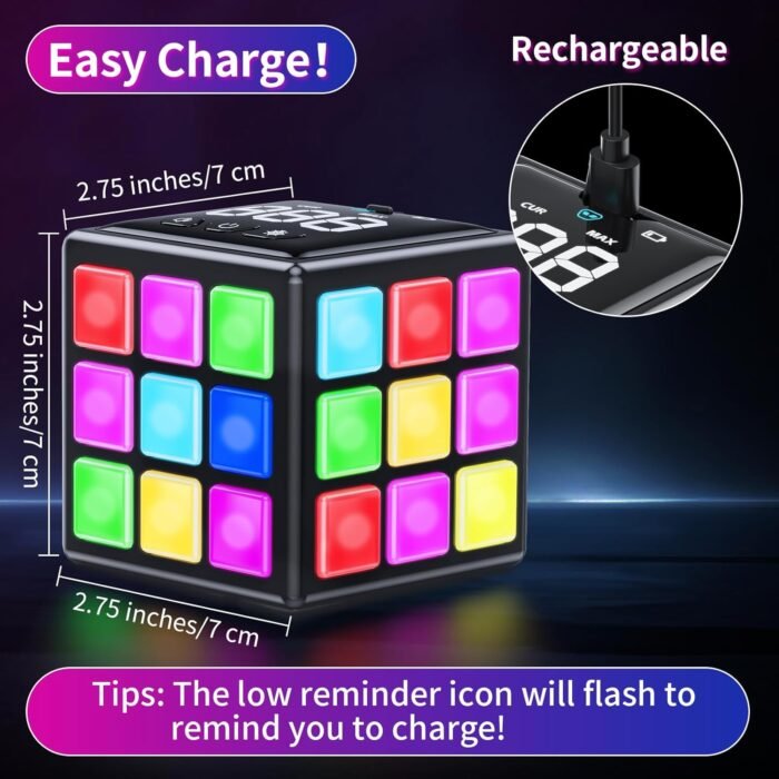 Rechargeable Game Cube, 15-in-1 Fun Brain Memory & Speed Games for Kids, Christmas Birthday Gifts for Boys Girls Ages 6-12+ Years Old, Cool Toys for Kids Teens with Score Screen (Black) - Image 7