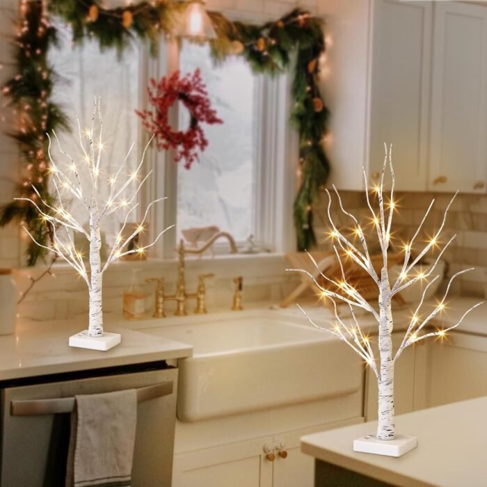 Vanthylit White Birch Tree with LED Lights - Set of 2, LED Tabletop Tree with Timer, Christmas Decorations Lighted Tree for Indoor Mantel Home Decor (2 FT, 24 LED) - Image 2