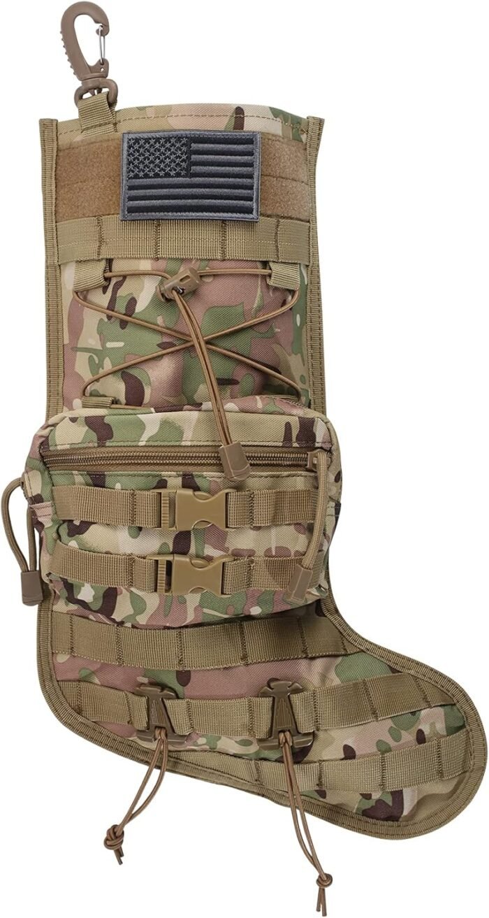 Tactical Christmas Stocking, with Flag Patch MOLLE Webbing, Zip Pocket, MOLLE Clips, Gift for Veterans Military Patriotic and Outdoorsy People, Khaki Camouflage