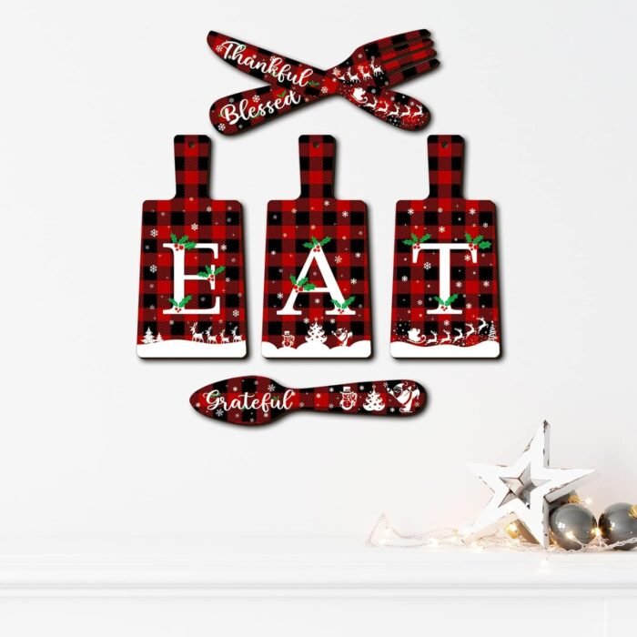 clothmile 6 Pcs Christmas Cutting Board Eat Sign Knife Spoon and Fork Wall Decor Buffalo Plaid Eat Sign Decor Burlap Wood Eat Kitchen Wall Decor Christmas Hanging Art Xmas Farmhouse Kitchen Decor - Image 2