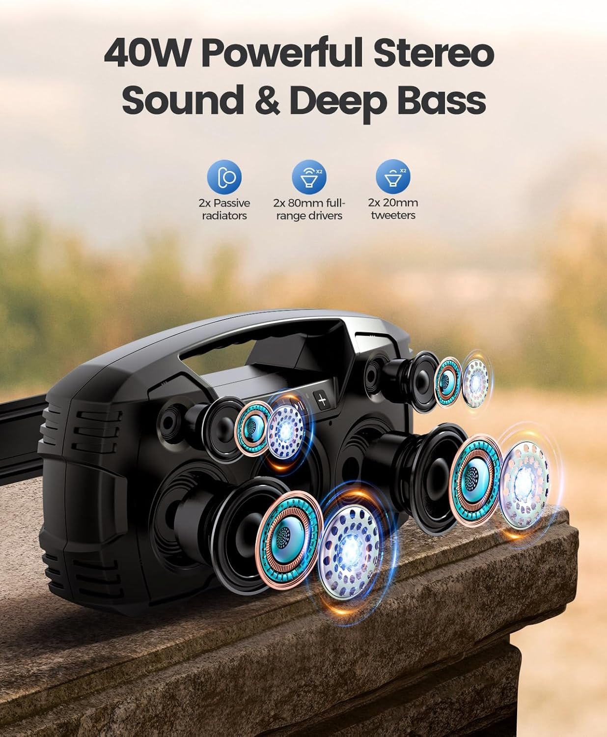 Portable Wireless Bluetooth Speaker, 40W (60W) Peak Loud Sound IPX7 Waterproof Speakers, 32H Playtime, Outdoor Speaker for Home/Party/Beach, Electronic Gadgets, Birthday Gift - Image 2