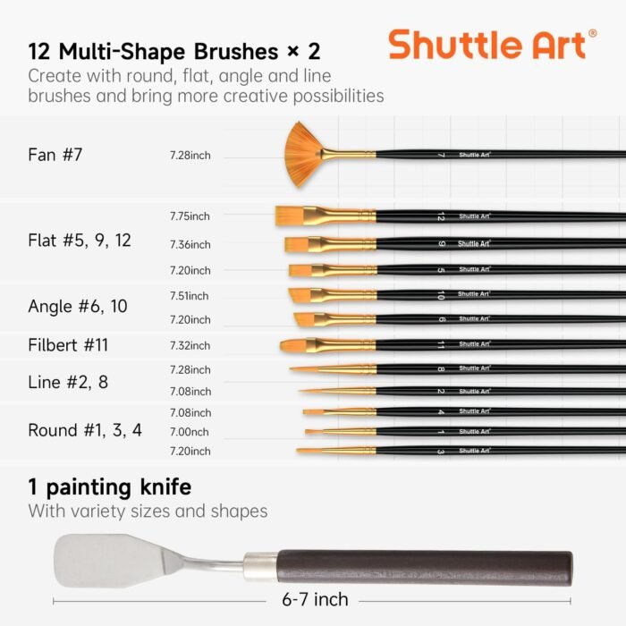 Shuttle Art 100 Colors Acrylic Paint, 2oz/60ml Bottles, Include 2 Sets of 12 Paint Brushes, 1 Art Sponge & Palette, Premium Acrylic Paint Set for Artists, Beginners & Kids on Canvas Rocks Wood Ceramic - Image 7