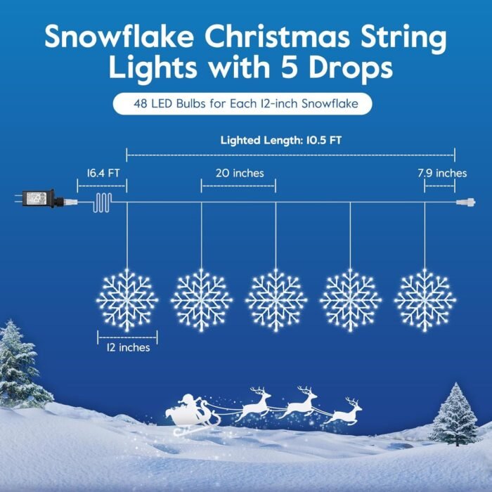 Christmas Snowflake Icicle Lights Outdoor - Plug-in 10.5ft 5 Drops 240LED Snowflake Window Lights with 8 Modes, Hanging Lights for Indoor Outdoor Porch Eaves Rooftops Pergola Canopy Christmas Decor - Image 4