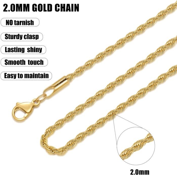 Fiusem Gold Plated Rope Chain for Men, 18K Gold Plated Mens Chain Necklace, Stainless Steel Chain Necklacefor Men and Women - Image 5