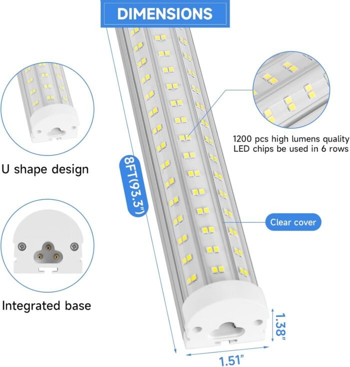 8FT LED Shop Light, U Shape 125W Integrated LED Tube Light, 6500K Clear White, 20000LM Super Bright LED Lighting, Flush Mount/Hanging Linkable LED Ceiling Lights for Garage, Plug&Play,6 Pack - Image 4