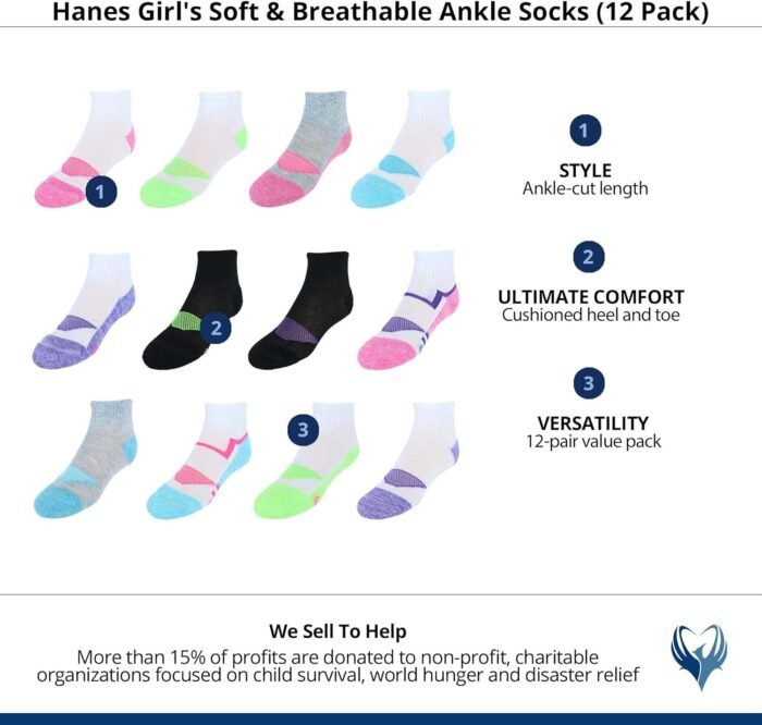 Hanes Girls' Cool Comfort Ankle, 12-Pair Pack Fashion Liner Socks - Image 7