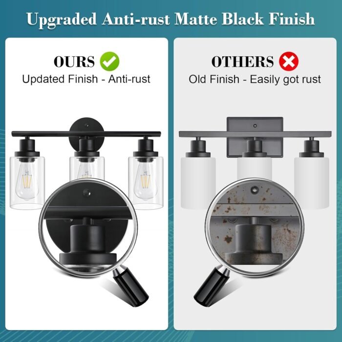Unicozin Modern Bathroom Light Fixtures, 3 Light Vanity Lights, Black Wall Lamp with Clear Glass for Bathroom, Mirror, Living Room, Bedroom, Hallway, E26 Base - Image 4