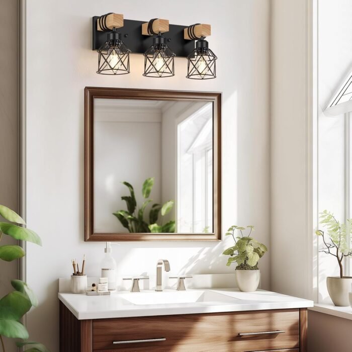 FadimiKoo 3-Light Farmhouse Vanity Light for Bathroom, Wood Bathroom Light Fixtures Over Mirror, Industrial Black Vanity Light with Metal Lampshade for Bedroom Hallway Living Room - Image 6