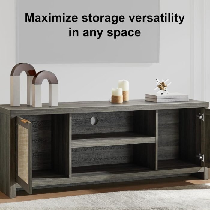 Hampstead TV Stand for Living Room, Modern Entertainment Center for 65 inch TV, 2 Rattan Doors Cabinet Media Console, TV Console Table with Soft Hinge Door and Handle (Midnight Oak) - Image 6