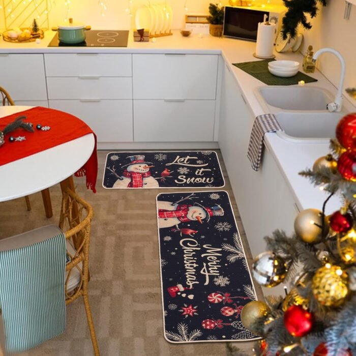 Christmas Kitchen Mats Set of 2, Snowman Winter Christmas Kitchen Decor Christmas Runner Rug and Mat Set, Low-Profile Kitchen Rugs for Floor(17x29 and 17x47 Inch) - Image 4