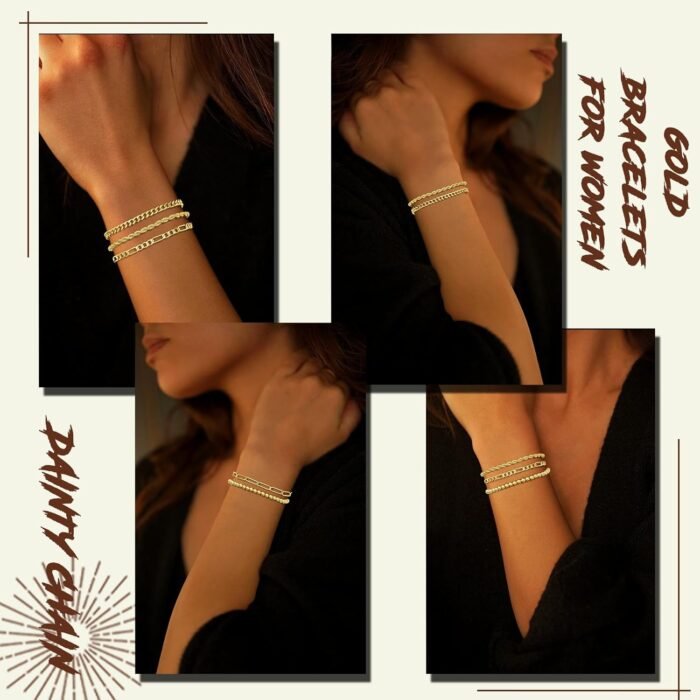 Gold Bracelets for Women, Dainty 14K Gold Plated Stackable Link, Trendy Adjustable Cuban Beaded Gold Chain Bracelet Stack Set - Image 9