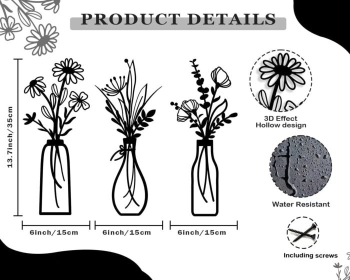 Pigort 3 Pieces Metal Flowers Wall Arts - Rustic Farmhouse Decor Black Minimalist Flower Wall Decors for Living room Bathroom Bedroom Dining Room - Housewarming Gifts(Black, Vase-C) - Image 2