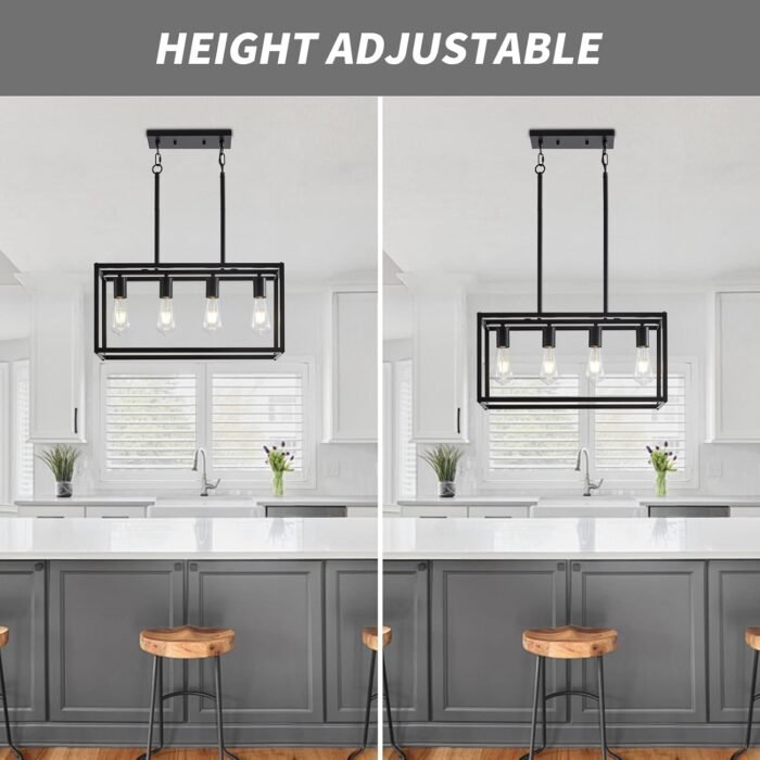 Dining Room Light Fixture 4 Light Black Farmhouse Chandelier Modern Kitchen Island Pendant Lighting Rectangular Hanging Lights for Kitchen Dining Room Adjustable Height Metal E26 Base - Image 4