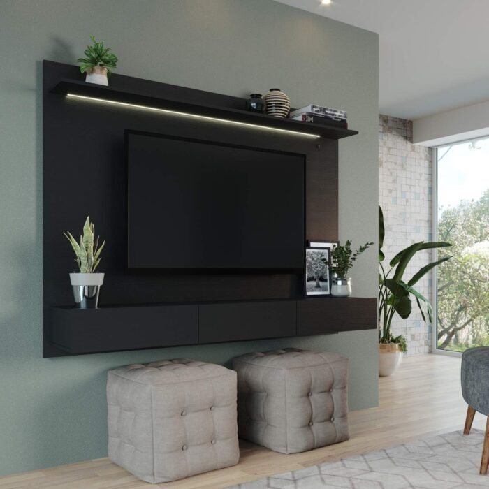 Modern Freestanding Floating Entertainment Center, Floating TV Stand Wall Mounted, Floating TV Wall Panel for 75 inch TVs, Home Theater with LED Strip, Pull-Out Drawers and Overhead Shelf – Black