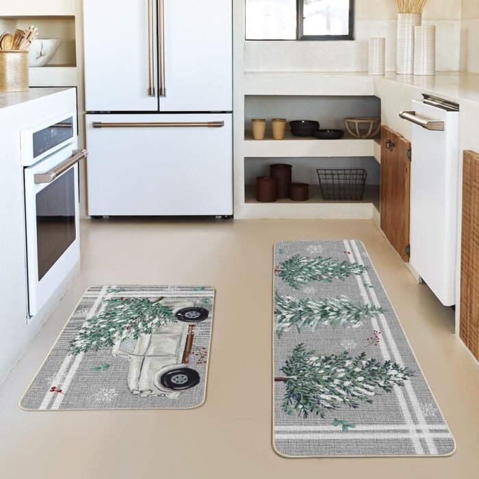 Artoid Mode Truck Pine Holly Stripes Christmas Decorative Kitchen Mats Set of 2, Home Decor Party Low-Profile Kitchen Rugs - 17x29 and 17x47 Inch - Image 2